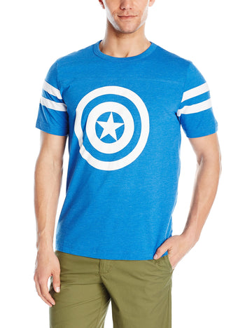 Captain America (Marvel Comics) Mens T-Shirt -Striped Sleeves Simple White Shield Logo