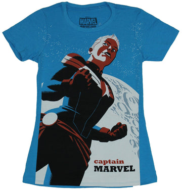 Captain Marvel Girls Juniors T-Shirt - Standing Ready For Battle Over Moon